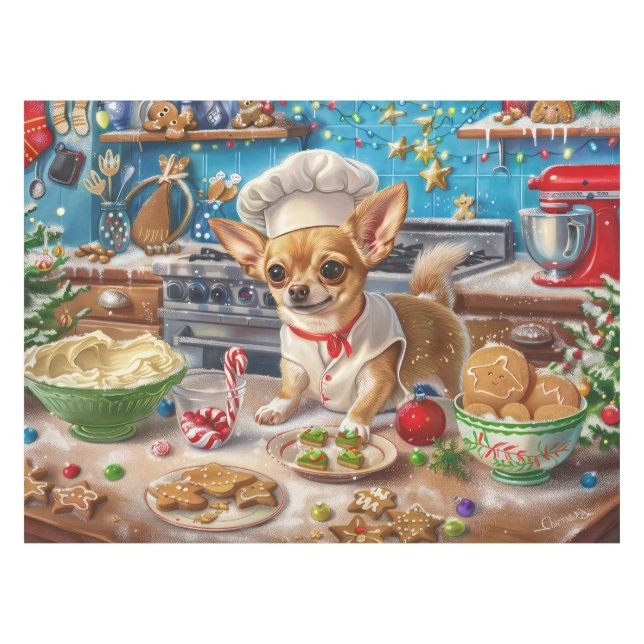 Chihuahua Holiday Baking: Feierliche Weihnachten Tischdecke (Vorderseite (Horizontal))