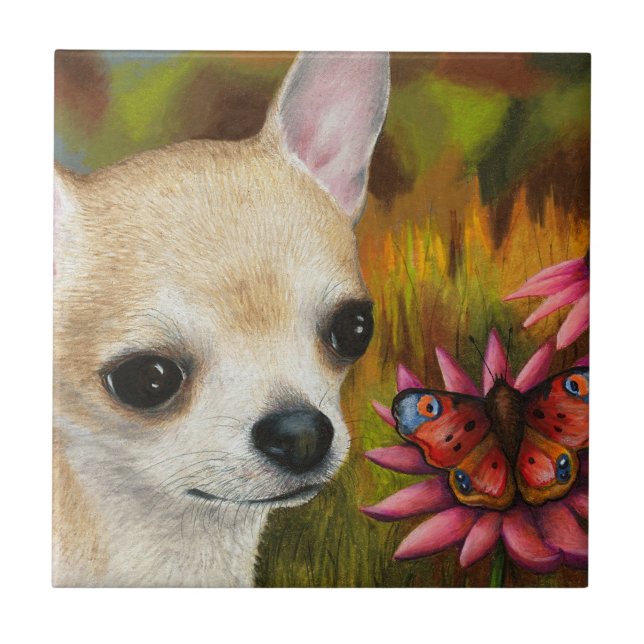 Chihuahua Hund 85 Schmetterling Fliese (Vorderseite)