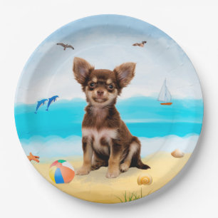 Chihuahua-Hund am Strand Pappteller