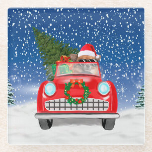 Chihuahua Hund Autofahren Auto im Schnee Weihnacht Glasuntersetzer