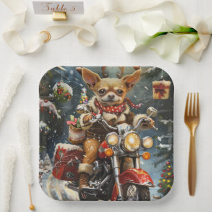 Chihuahua Hund fährt Motorrad Weihnachten  Pappteller