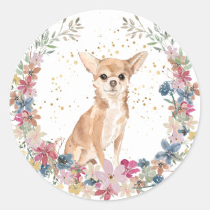 Chihuahua Hund Frühlingsblüten Kranz Runder Aufkleber