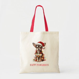 Chihuahua-Hund hing an Weihnachtslichtern Tragetasche