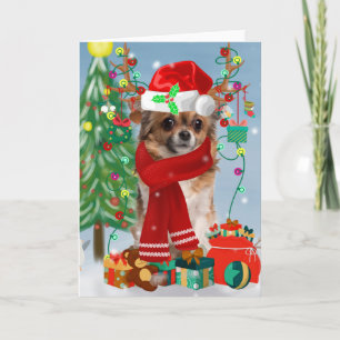 Chihuahua Hund im Schnee mit Weihnachtsgeschenken Karte