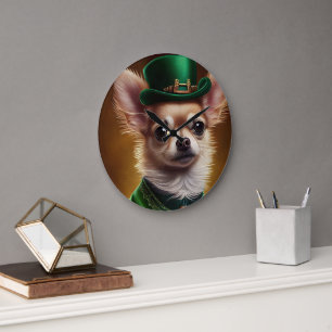 Chihuahua-Hund im St. Patrick’s Day-Kleid Große Wanduhr