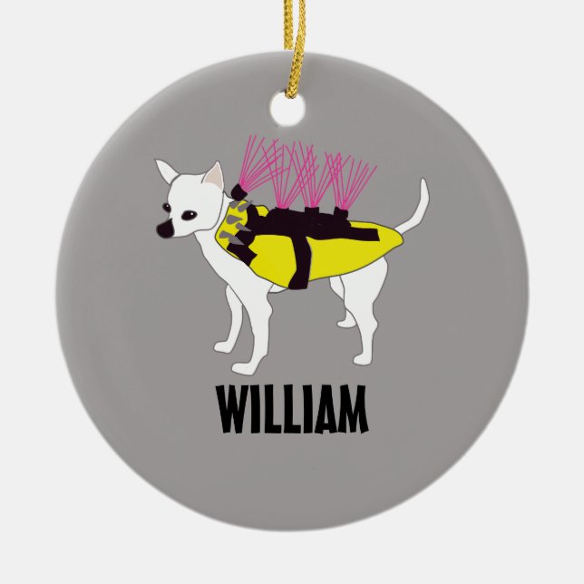 Chihuahua-Hund in einer Kojote-Jacke Keramik Ornament (Vorne)