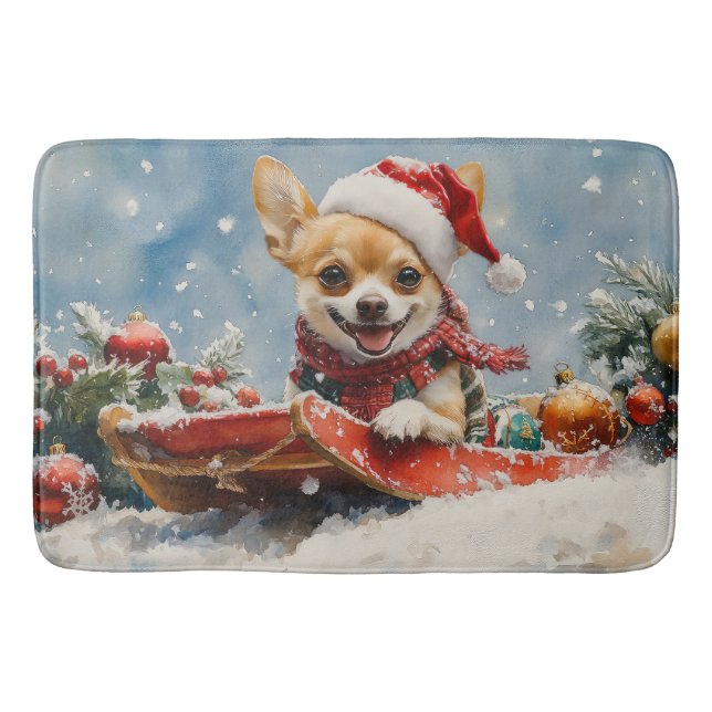 Chihuahua Hund in Sledge Let it Schnee Weihnachten Badematte (Vorderseite)
