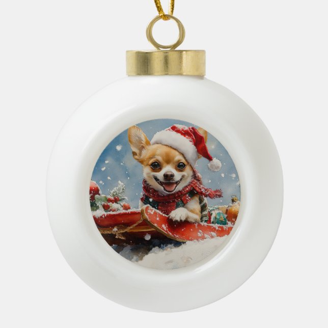 Chihuahua Hund in Sledge Let it Schnee Weihnachten Keramik Kugel-Ornament (Vorderseite)