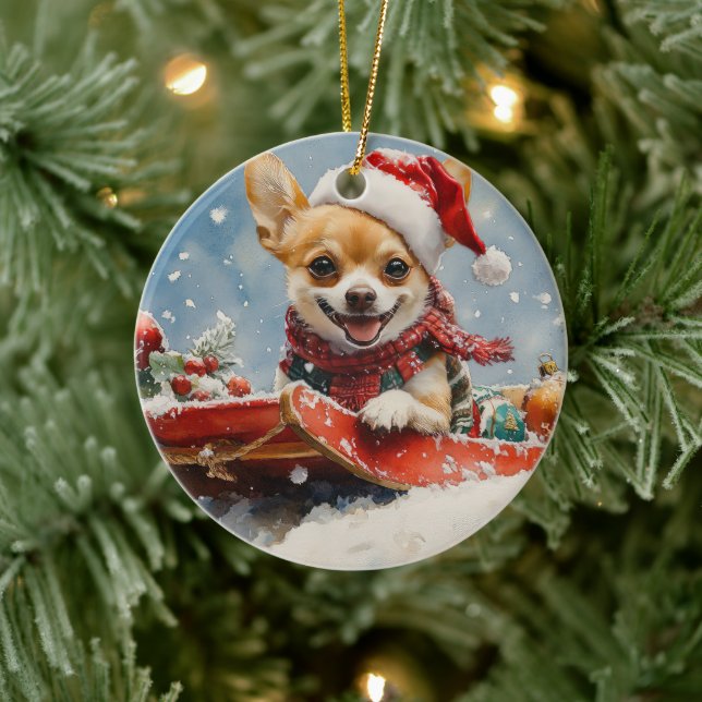 Chihuahua Hund in Sledge Let it Schnee Weihnachten Keramik Ornament (Baum)