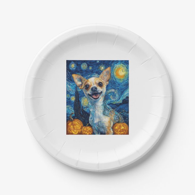 Chihuahua-Hund lächelnd Sternennacht von Van Gogh  Pappteller (Vorderseite)