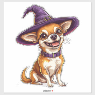 Chihuahua-Hund mit lila Zaubererhut an Halloween Aufkleber