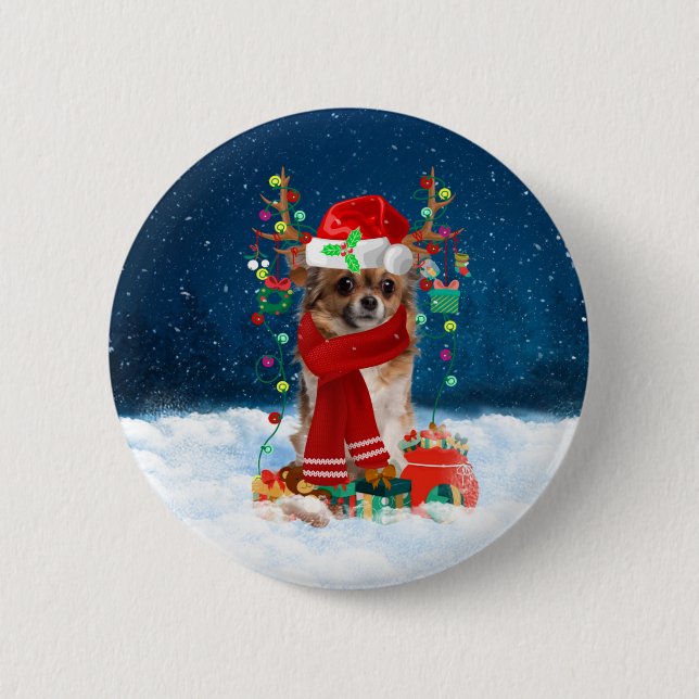 Chihuahua Hund mit Weihnachtsgeschenken Button (Vorderseite)