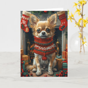Chihuahua Hund mit Weihnachtsgeschenken Feuerplatz Karte
