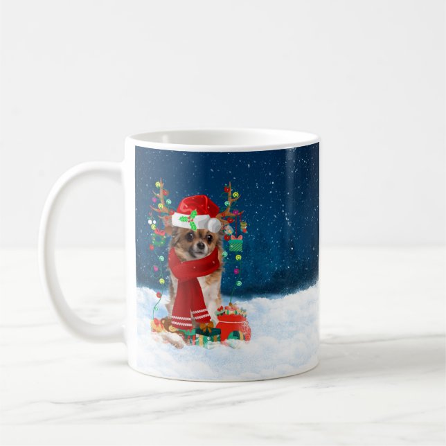 Chihuahua Hund mit Weihnachtsgeschenken Kaffeetasse (Links)