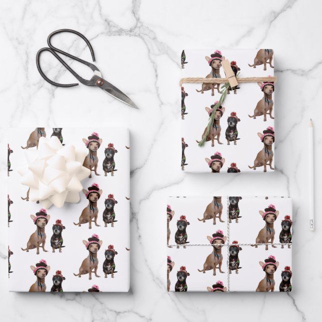 Chihuahua-Hunde in Hüten Geschenkpapier Set (Vorderseite)