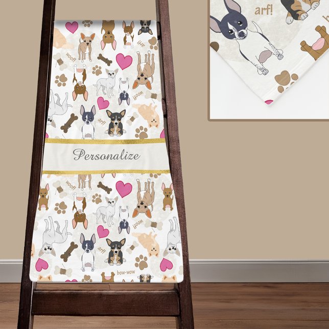 Chihuahua Hunde Paw druckt Herz-Knots-Textmuster Fleecedecke (Chihuahua Dogs Paw Prints Hearts Bone Text Pattern Fleece Blanket. Personalize with a name.)