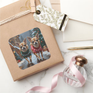 Chihuahua-Hunde Weihnachten Schnee Feiertag Quadratischer Aufkleber