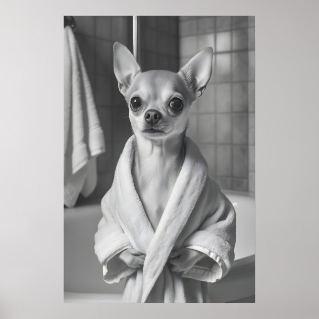 Chihuahua im Bademantel Kunst Druck, Lustiges Bade Poster (Vorne)