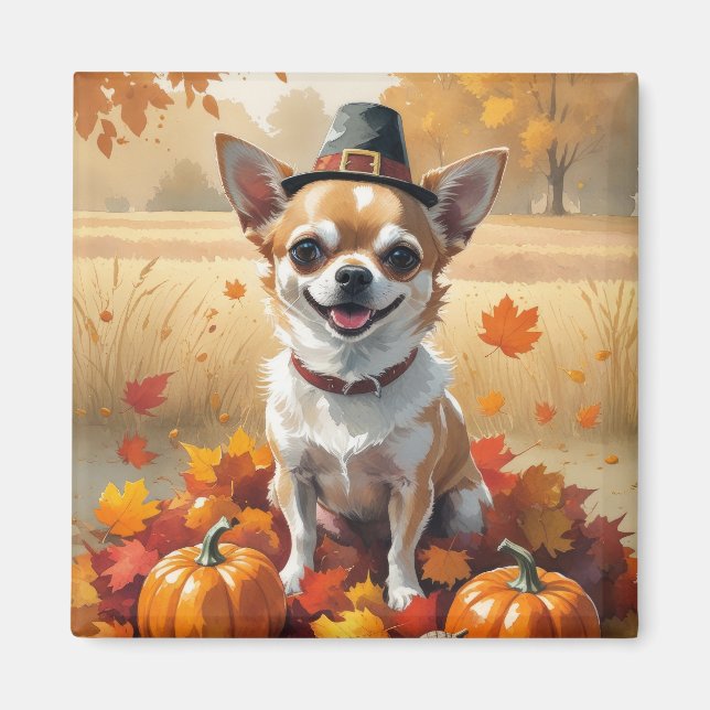 Chihuahua im Herbst hinterlässt Erntedank Kunst Magnet (Vorne)