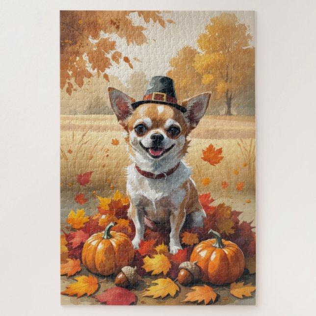 Chihuahua im Herbst hinterlässt Erntedank Kunst Puzzle (Vertikal)