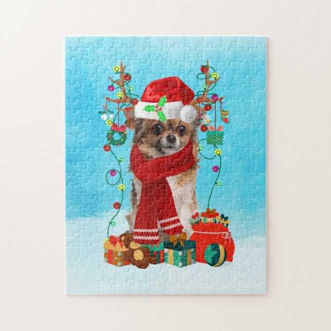 Chihuahua im Schnee mit Weihnachtsgeschenken Puzzle (Vertikal)