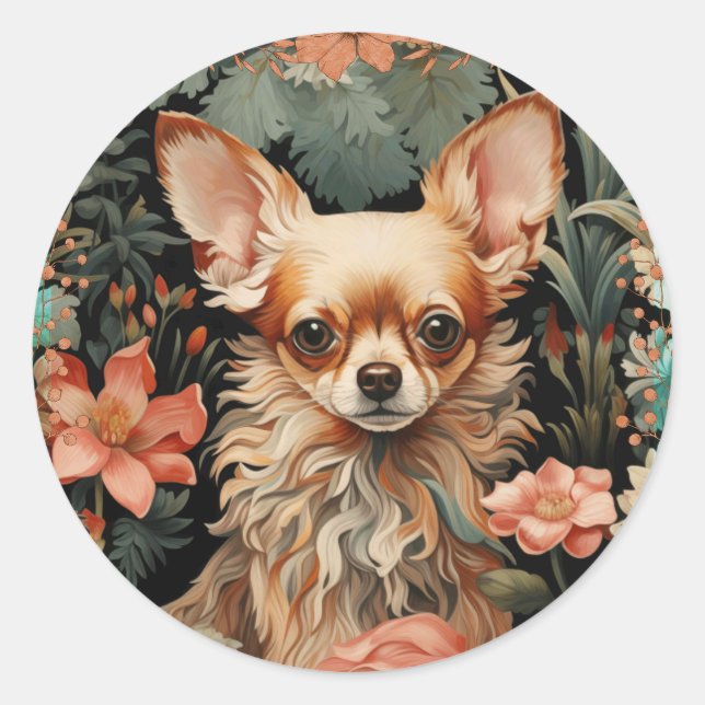 Chihuahua im Stil von William Morris Runder Aufkleber (Vorderseite)