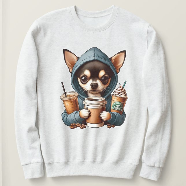 Chihuahua in Hooded Sweatshirt Holding Coffee (Design vorne)