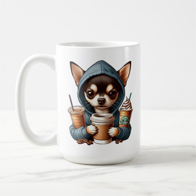 Chihuahua in Hooded Sweatshirt Holding Coffee Kaffeetasse (Links)