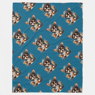 Chihuahua in Kapuzenpullover hält Kaffee Fleecedecke
