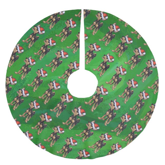 Chihuahua in Weihnachtsmannmütze Pattern auf Grün Polyester Weihnachtsbaumdecke (Vorderseite)