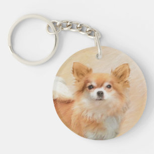 Chihuahua Langhaar-Hund Gemälde Original Kunst Schlüsselanhänger