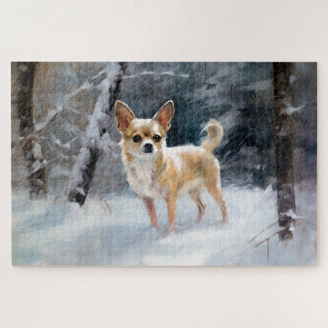 Chihuahua lässt es Weihnachten schnee Puzzle (Horizontal)