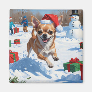 Chihuahua läuft im Schnee mit Weihnachtsmütze Magnet