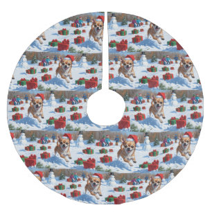 Chihuahua läuft im Schnee mit Weihnachtsmütze Polyester Weihnachtsbaumdecke