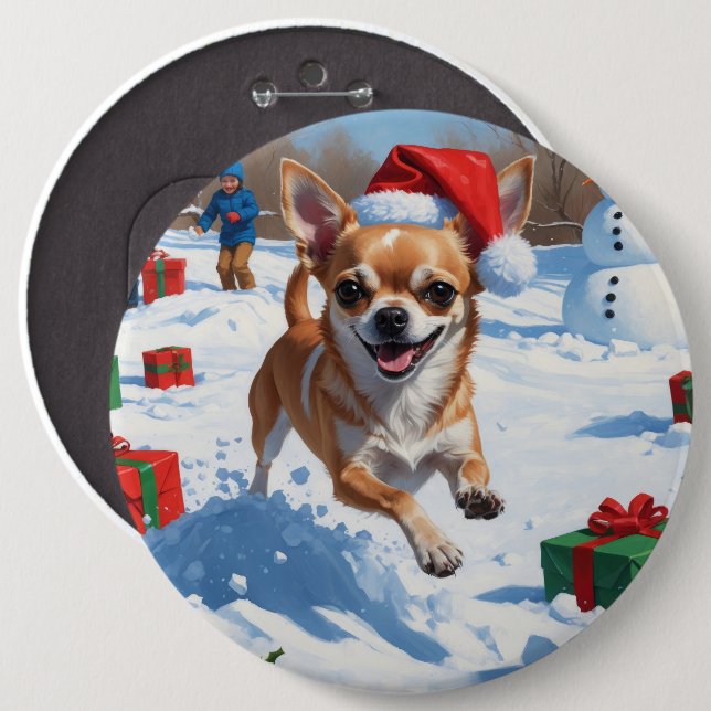 Chihuahua läuft in Schnee mit Weihnachtshut Button (Vorne & Hinten)