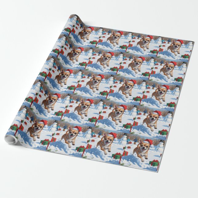 Chihuahua läuft in Schnee mit Weihnachtshut Geschenkpapier (Ungerollt)