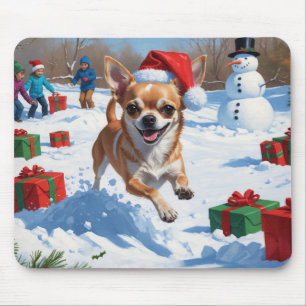 Chihuahua läuft in Schnee mit Weihnachtshut Mousepad