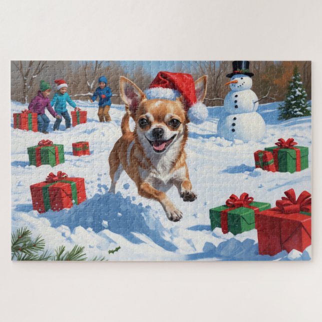 Chihuahua läuft in Schnee mit Weihnachtshut Puzzle (Horizontal)