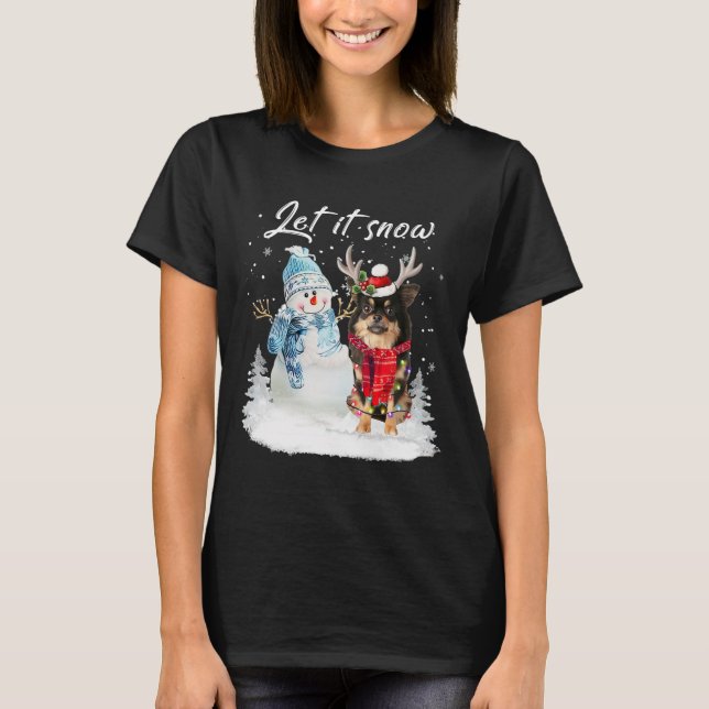 Chihuahua Long hatte Santa Dog Weihnachtsschneeman T-Shirt (Vorderseite)