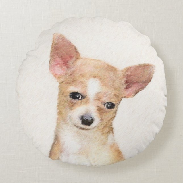 Chihuahua-Malerei - Niedliche Original-Hundkunst Rundes Kissen (Vorderseite)