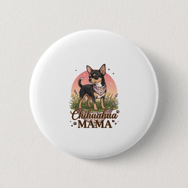 Chihuahua Mama Hund Rosa Blumen-Halstuch_1 Button (Vorderseite)