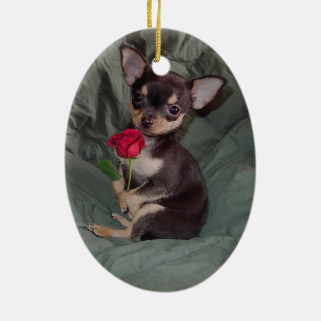 Chihuahua MerryRose, das eine Rosen-Verzierung Keramikornament (Hinten)