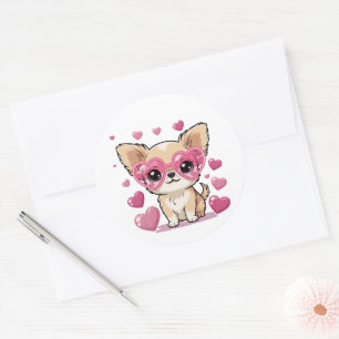 Chihuahua mit Herz-Sonnenbrille Süßer Hund Liebes- Runder Aufkleber