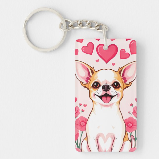Chihuahua mit rosa Herzen Schlüsselanhänger (Vorderseite)
