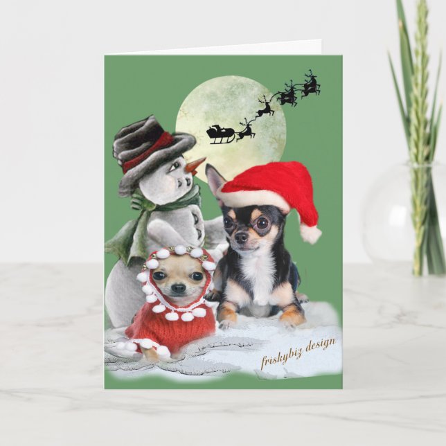 Chihuahua mit Snowman Weihnachtskarten Feiertagskarte (Vorderseite)