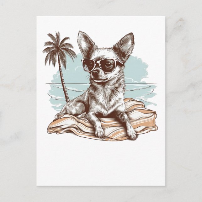 Chihuahua mit Sonnenbrille am Strand Postkarte (Vorderseite)