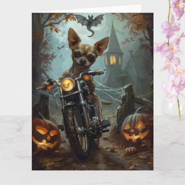 Chihuahua-Motorrad Halloween Beängstigend Karte (Orchidee)