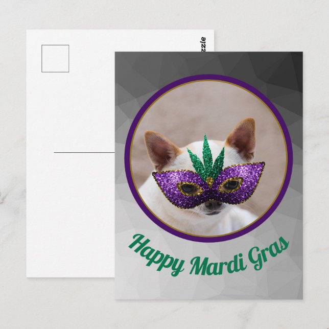 Chihuahua niedlich Happy Mardi Gras funkelnd Maske Postkarte (Vorne/Hinten)