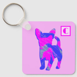 Chihuahua Niedlicher Hund Pink & Blue Silhouette M Schlüsselanhänger