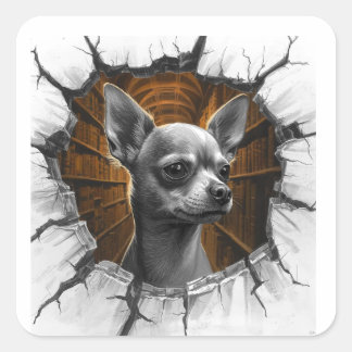 Chihuahua Peers Through A Grey Wooden Wall Quadratischer Aufkleber